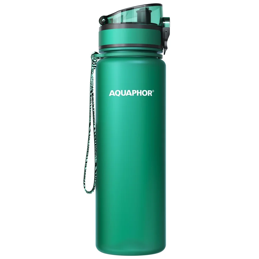 Филтрираща бутилка за вода Aquaphor City 160045, 500 мл, Тритан, Активен въглен, Aqualen, Заключващ се капак, Тъмнозелен