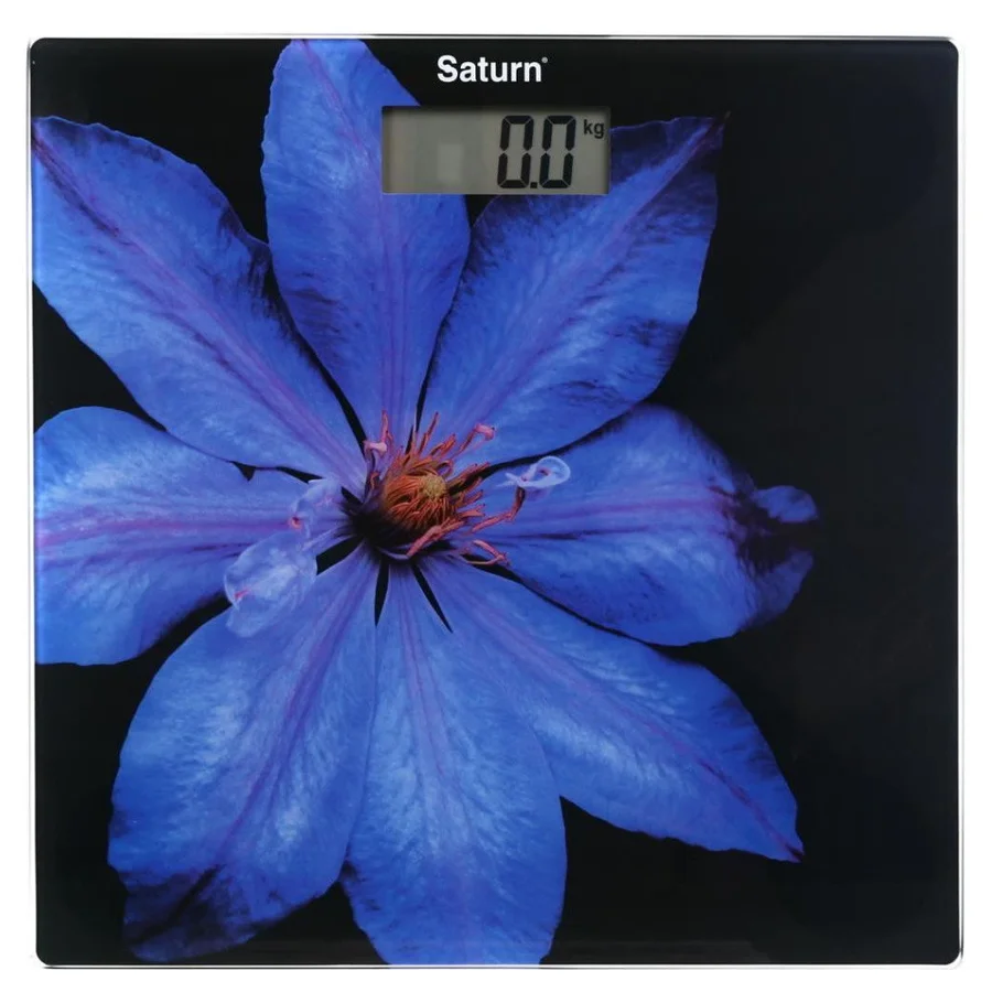 Кантар Saturn ST-PS0287, До 150 кг, LCD дисплей, Kg/Lb, Индикатори за батерия и претоварване, Закалено стъкло, Черен/лилав