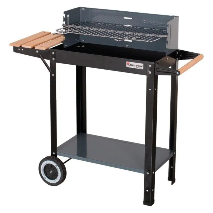 Правоъгълно барбекю на дървени въглища MasterGrill MG909, 53х27 см, Дръжка за пренасяне, 2 рафта, 2 колела, Черен
