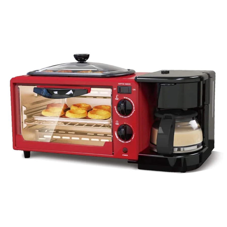 Комбиниран уред за закуска 3в1 NostroLux NL51441G, 1050W, 9 л, Грил, Приготвяне на кафе, Таймер, Циркулация на въздуха, Червен/черен