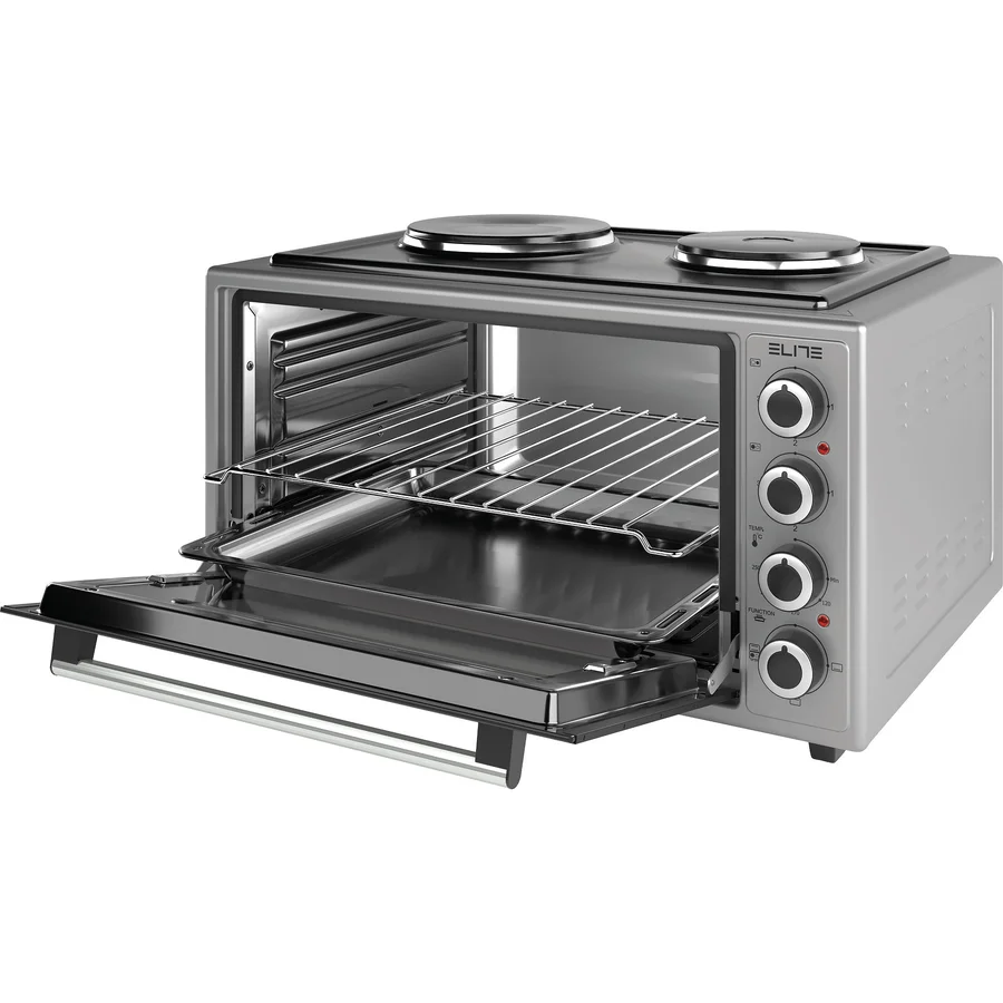 Малка готварска печка Elite EMO-48302G, 2000W, 48 л, 3 функции, Двойно стъкло, Термостат, Таймер, Инокс