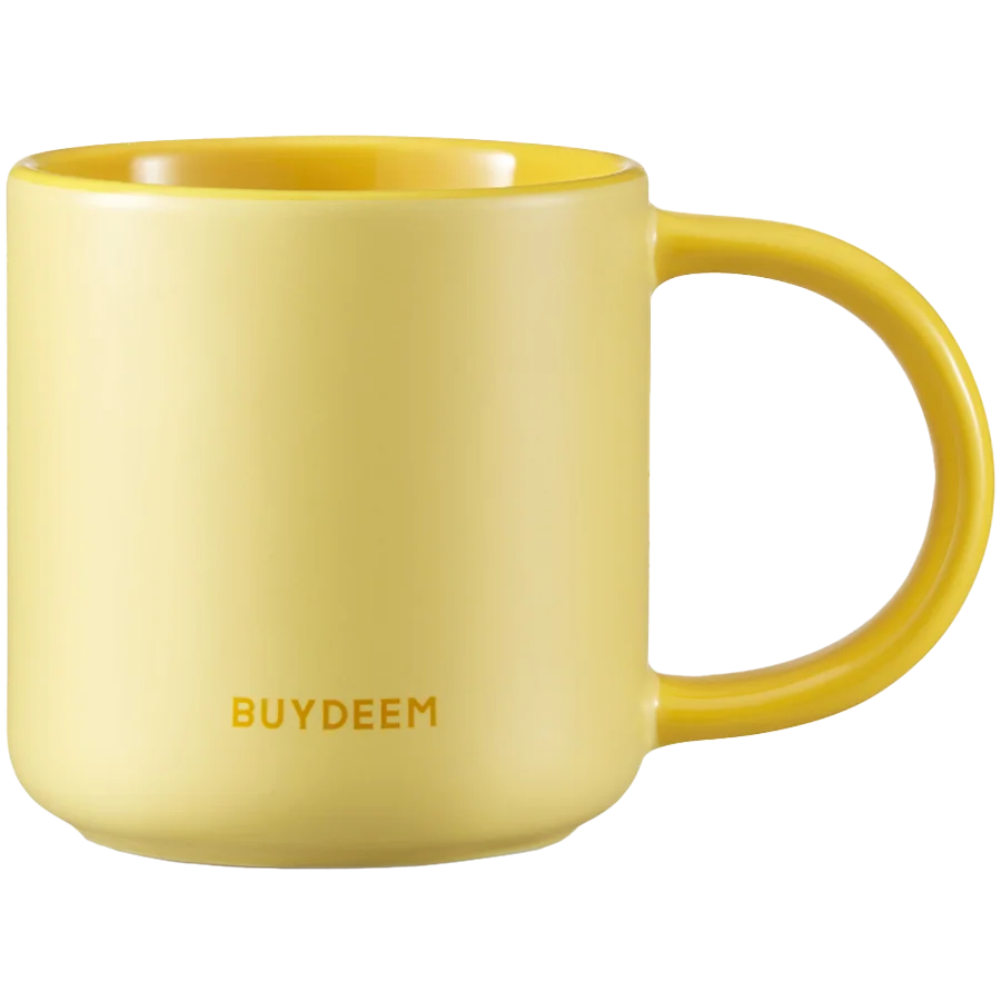 Керамична чаша за чай и кафе Buydeem CD1018-MY, 350 мл, Плоско дъно, Вътрешна мерителна скала, Високотемпературна керамика, Жълт
