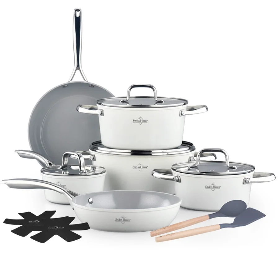 Комплект съдове за готвене Swiss Haus SH-CC4014CR, 14 ч, Sapphire-керамично, Индукция, Фурна до 220°C, Без PFAS, Кремав гланц