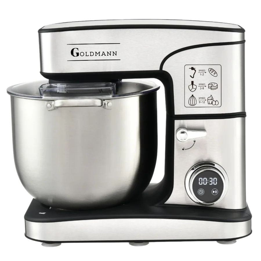 Планетарен миксер Goldmann GM-1115DP, 3500W, 16 л, 6 скорости + импулси, Таймер, Иноксова купа, LED, Инокс