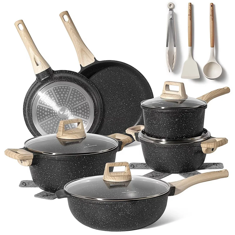Комплект тенджери и тигани Just Perfecto JL-789, 15 ч, Отливка, Мраморно покритие, Индукция, Аксесоари, Черен