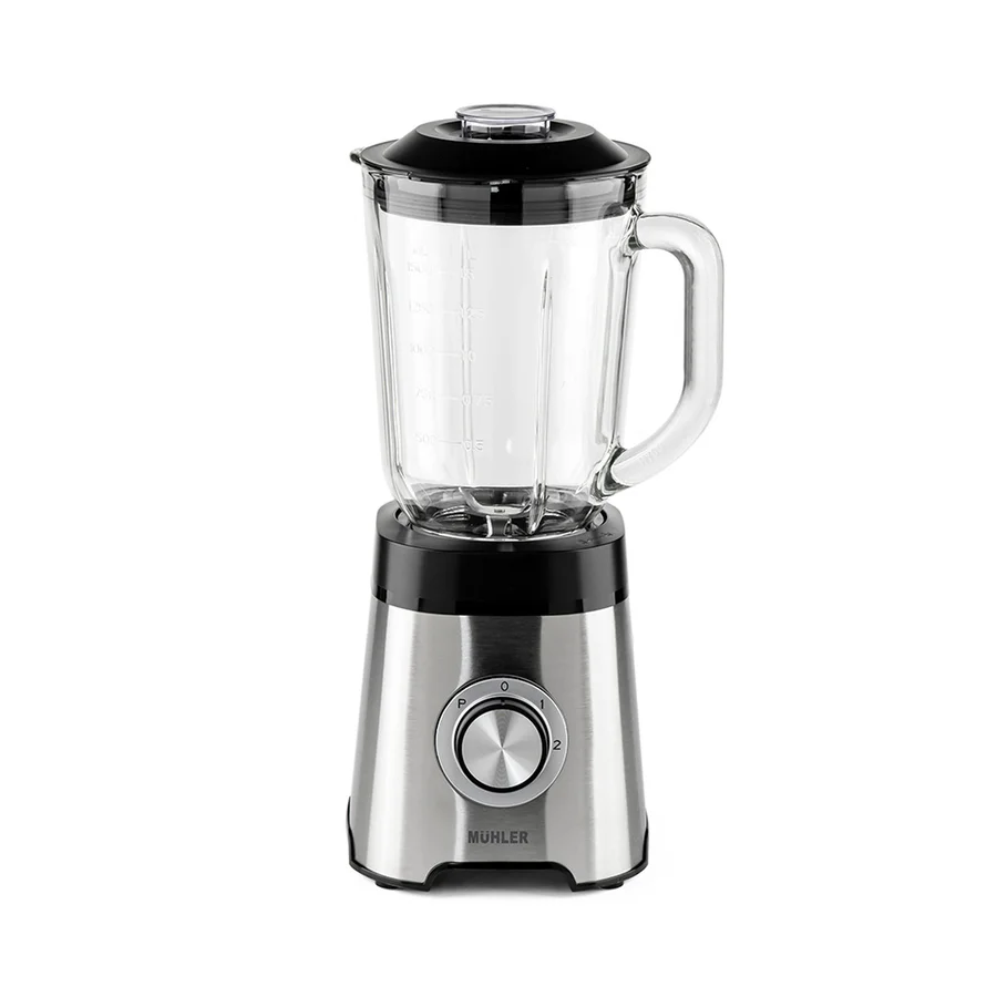 Блендер Muhler MB-555SG, 500W, 1.5 л, 2 скорости + Pulse, Стъклена кана, 4 ножа от неръждаема стомана, Инокс/Черен
