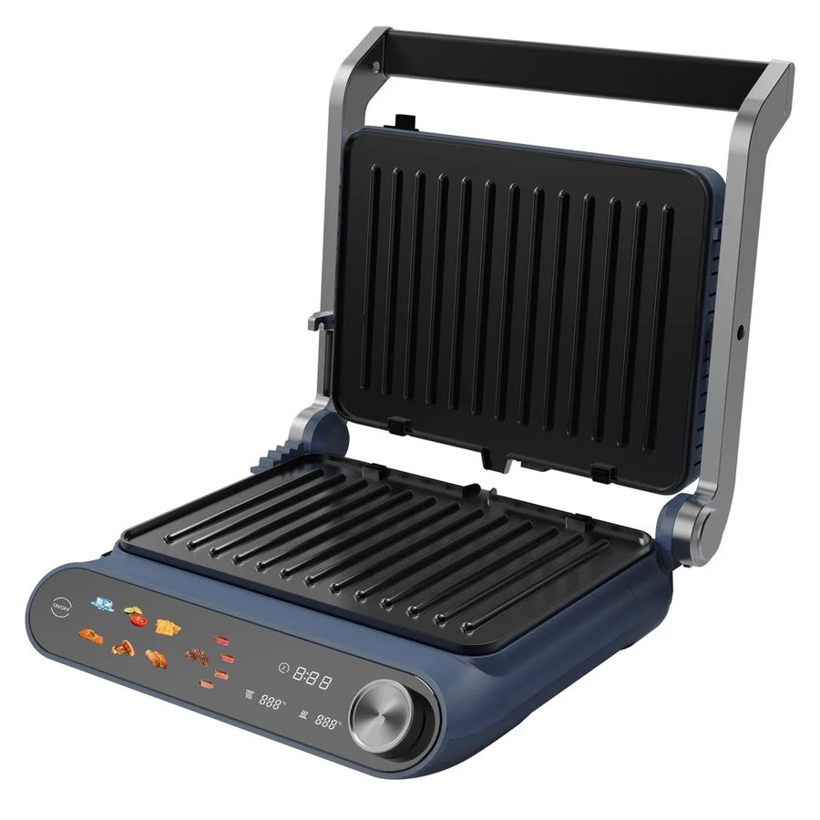 Контакт грил Nostro Lux NL51442P, 2200W, Сензорен дисплей, Незалепващи, подвижни плочи, Отваряне на 180°, Син