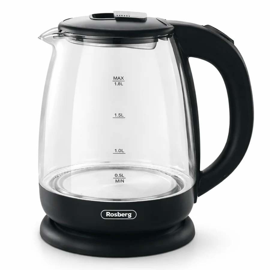 Електрическа кана за вода Rosberg R51230AE, 1500W, 1.8 л, Вграден нагревател, Стъкло, Индикатор, Черен
